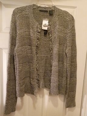 Preswick & Moore Gray Open-Front Fringe Cardigan